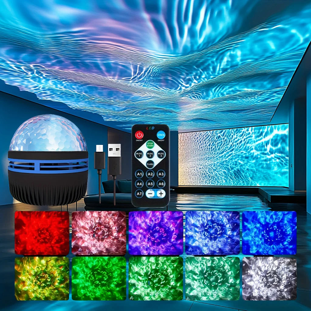 LED Starry Sky Galaxy Projector Ambient Light Aurora/Water Wave Night Light  Auto Rotate Remote 7 Color RGB USB Room Decor Light