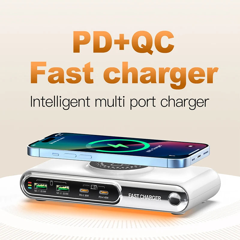 5-in-1 USB C Charger Station with LED Colour Nighting 72W 4-Ports Magnetic Wireless Charging Station PD45W Fast Charger F9A