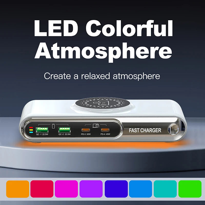 5-in-1 USB C Charger Station with LED Colour Nighting 72W 4-Ports Magnetic Wireless Charging Station PD45W Fast Charger F9A