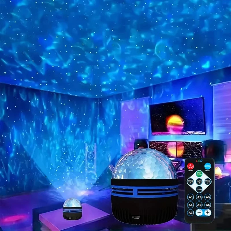 LED Starry Sky Galaxy Projector Ambient Light Aurora/Water Wave Night Light  Auto Rotate Remote 7 Color RGB USB Room Decor Light